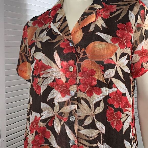 Vintage 90’s Semi Sheer Double Layered Brown Floral Button Down Blouse 14P - Picture 12 of 14